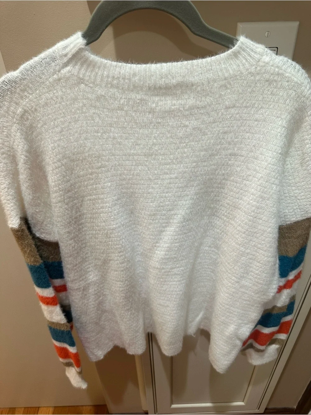 White Crewneck Sweater with Striped Sleeves